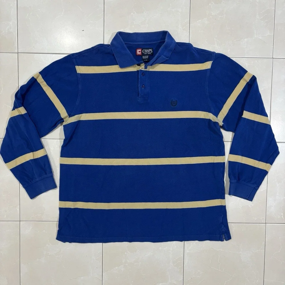 Vintage Chaps Ralph Lauren Rugby Polo Shirt Men's L Blue Striped Long 90s Y2K